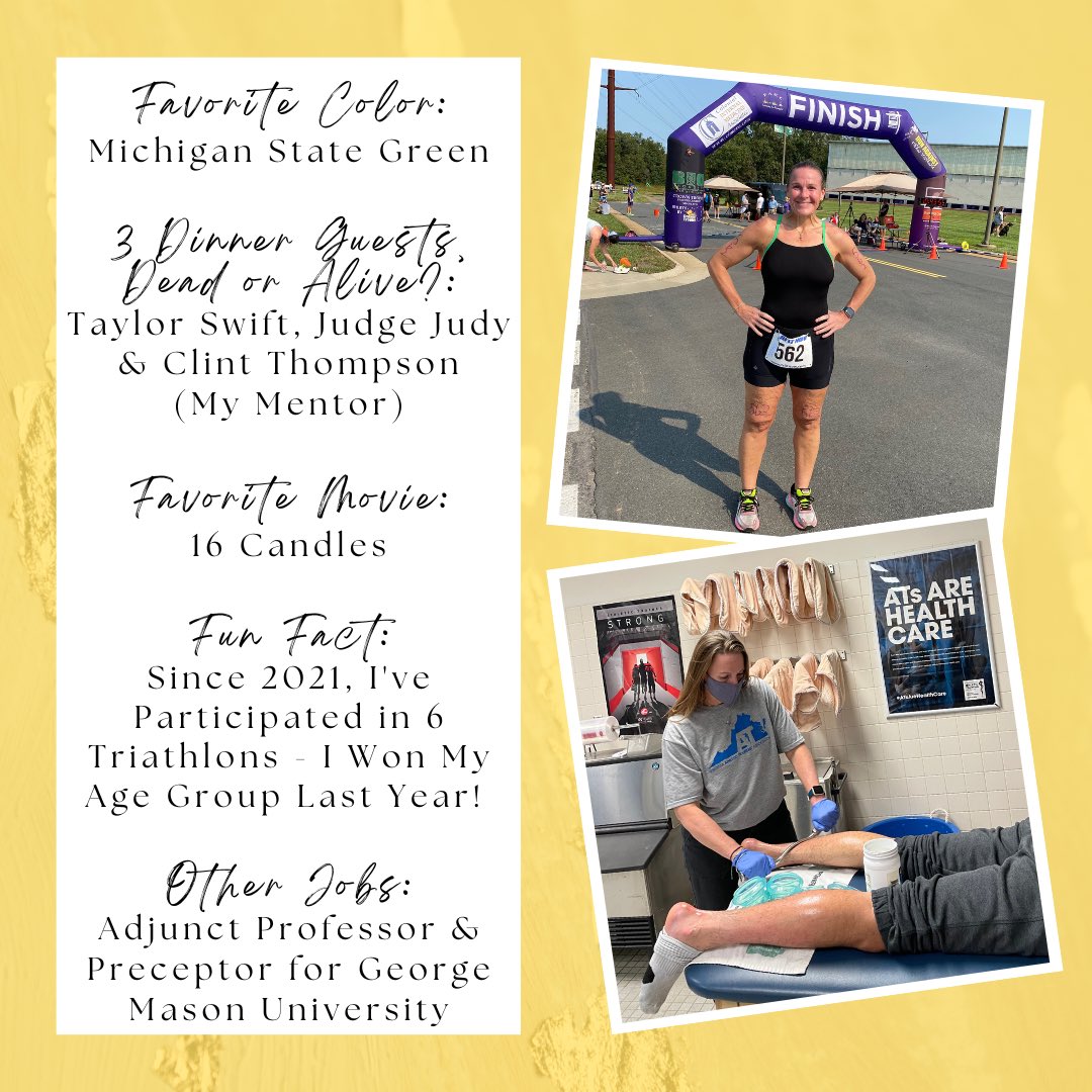 Today’s Spotlight 2/3: Heather Murphy!

📍Site: AT1 @TJHSST_AT 
🦉Years of Experience: 23
🌎Hometown: NY & IL
📚Undergrad: BS Exercise Science @TrumanState
👩🏻‍🎓Grad: MS Kinesiology @michiganstateu & MEd @GeorgeMasonU
👩🏻‍⚕️Doc: EdD Education @ATSU_news

#NATM2023 #theresanATforthat