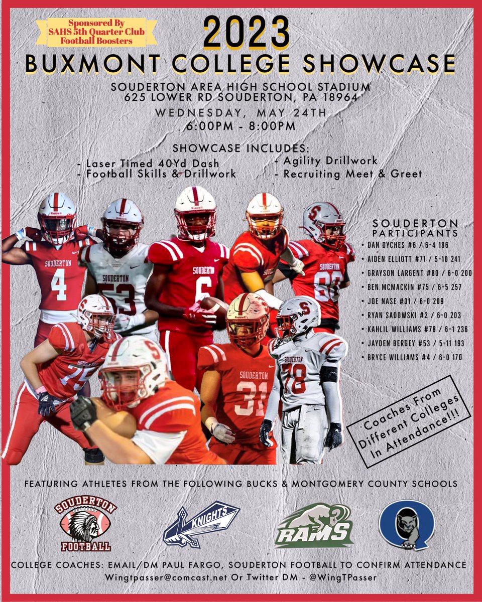 SoudyFB's tweet photo. *College Coaches* 
The BUXMONT College Showcase is coming to @SASD_SAHS Evaluate the best PA District 1 athletes from area schools placing student-athletes at highly regarded FBS, FCS, D2 &amp; D3 schools. You don’t want to miss this event! @NorthPennKnight @QPantherFB @pennridgefb https://t.co/fefQp7I9w8