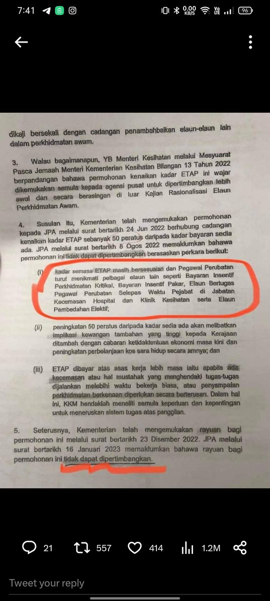 RaziAriff's tweet photo. @dr_chaku Kalau baca betul² surat dlm tweet asal permohonan kenaikan 50% yg tak dipertimbangkan kan? ETAP sedia ada diteruskan. Atau saya silap faham? Ada sesiapa dari kesihatan boleh terangkan ETAP dan kadarnya pada semua agar orang tak jump the gun? https://t.co/N8bQe8la6V