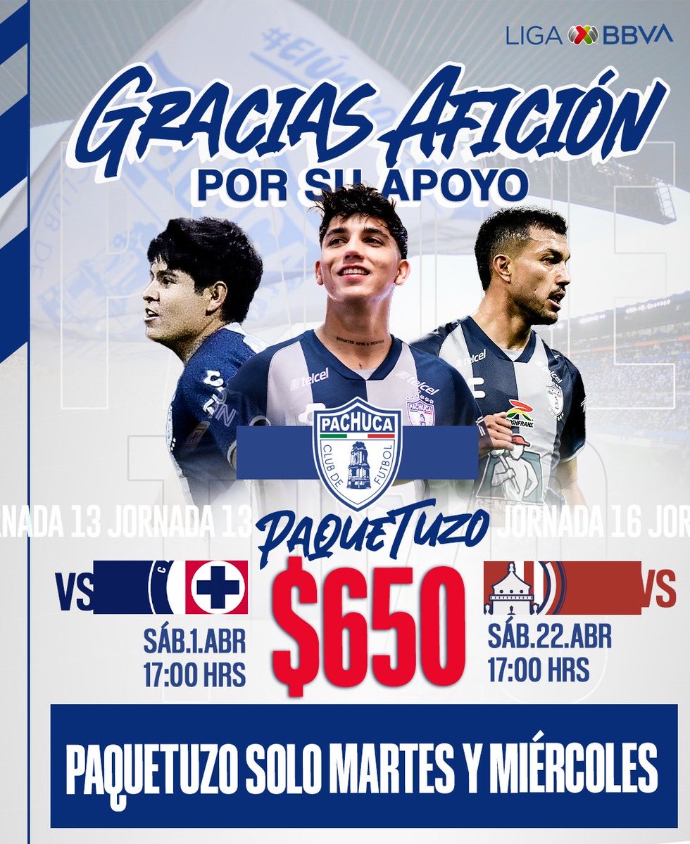 Tuzos's tweet photo. 🌪️ | Regresemos fuertes todos juntos al Huracán:

Adquiere el #PaqueTuzo, asegura tu lugar para los duelos ante Cruz Azul y Atlético de San Luis... ¡Y VAMOS JUNTOS POR LA VICTORIA!

👉🏼 Adquiérelo en #Tuzomania y @boletomovil 

#PachucaSomosTodos🤍💙 https://t.co/tFO42OZtJ9
