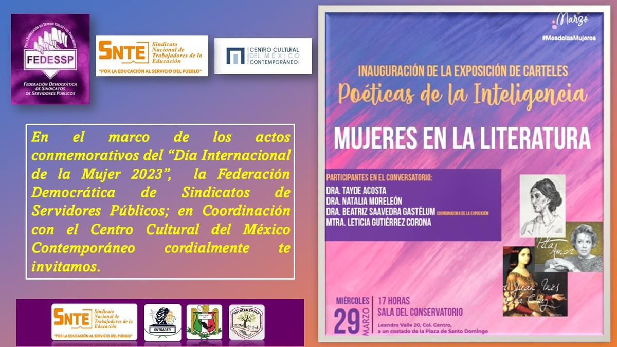 #DiaInternacionalDeLaMujer 
En Coordinación con @Fundacionccmc te invitamos:
Inauguración de la Exposición de Carteles "Poéticas de la Inteligencia" MUJERES EN LA LITERATURA
#miercoles #29DeMarzo 17:00 horas
<a href="/agusaviles1/">Agustín Avilés</a> <a href="/pedrojoseescar3/">pedro jose escarcega delgado</a> <a href="/sntsct/">EDUARDO CARDENAS</a> <a href="/marudavalos29/">Maru Dávalos</a> 
#TodosSomosUno
#8M