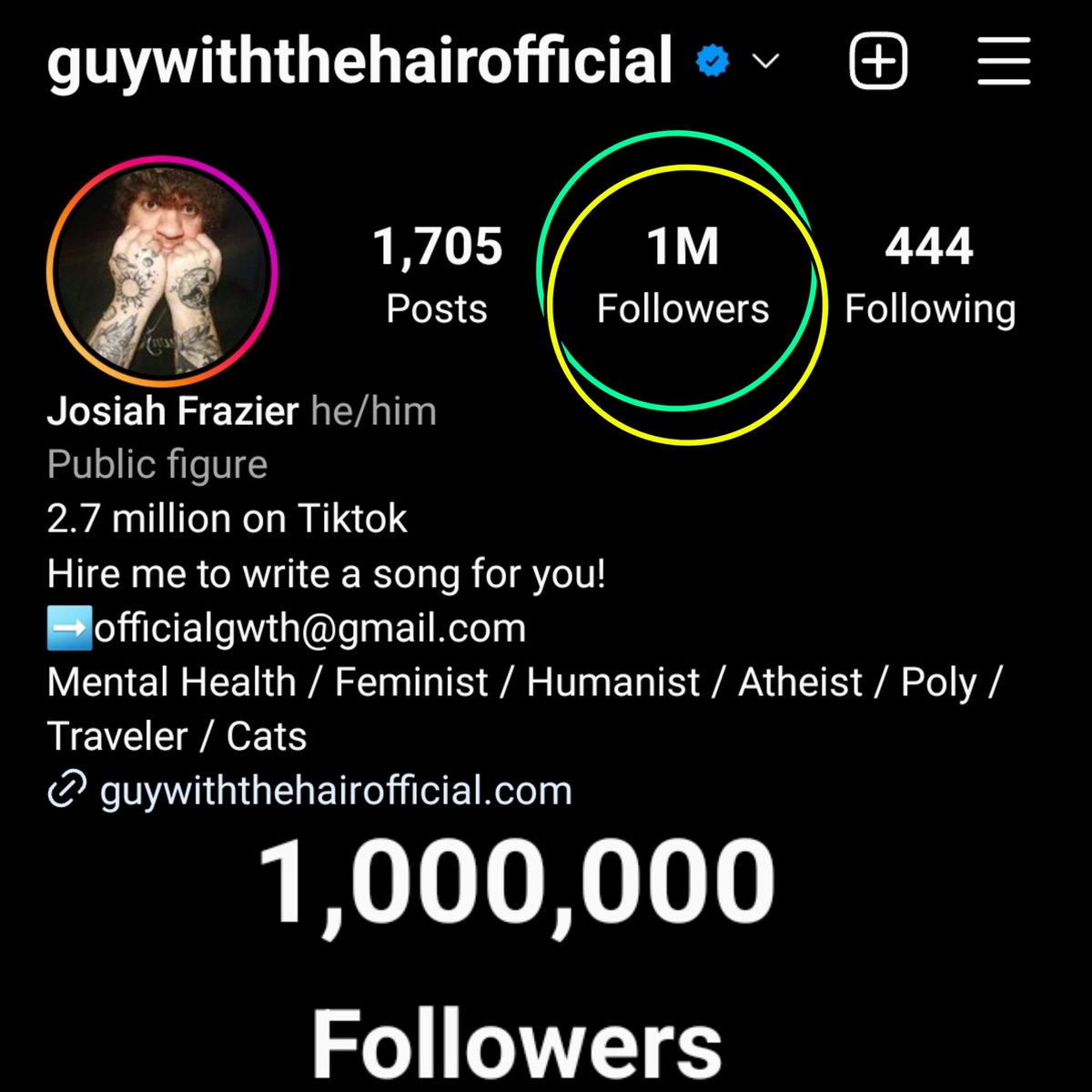 GWTH_Official's tweet photo. I'm speechless.😳 Thank you SO MUCH for 1 MILLION followers on Instagram. 🙏❤️✨️
#guywiththehair #Instagram #1milliom #ThankYou https://t.co/5vxcKAyvxi