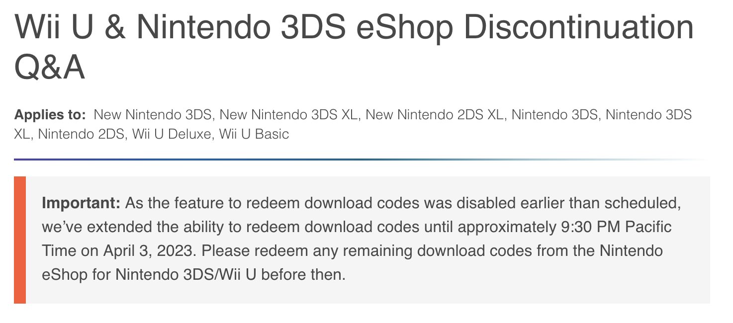 Nintendo extends deadline to redeem 3DS and Wii U eShop codes until April  3rd