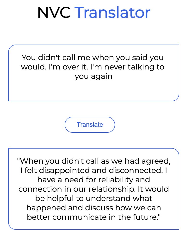 NVC Translator AI (@nvctranslator) on Twitter photo Preview: GPT-4 NVC translations, coming soon 😮 Preview: GPT-4 NVC translations, coming soon 😮