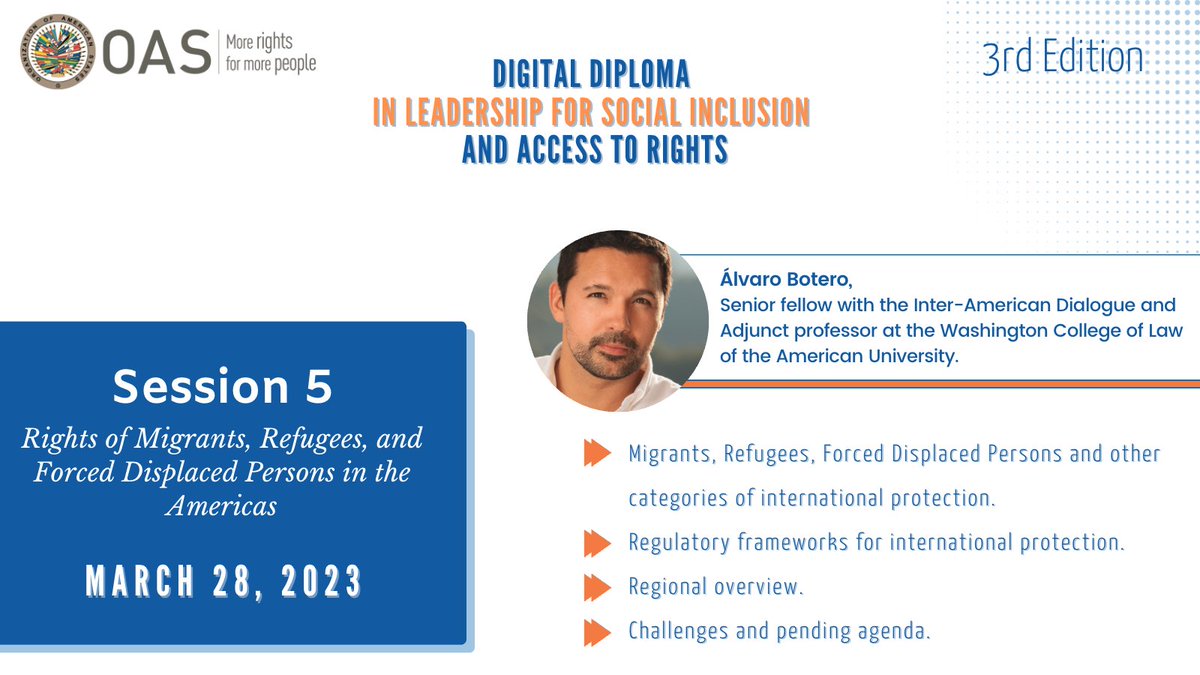 OAS_Rights's tweet photo. We continue #TODAY with the 3rd Week of the #DigitalDiploma!

Now the expert @AlvaroBotero8 is explaining:
  ✈️Regulatory Frameworks for International Protection of Migrants, Forced Displaced Persons and Refugees
🌍 Regional overview
✏️ Challenges and Pending Agenda https://t.co/qQ1TA4m7bV