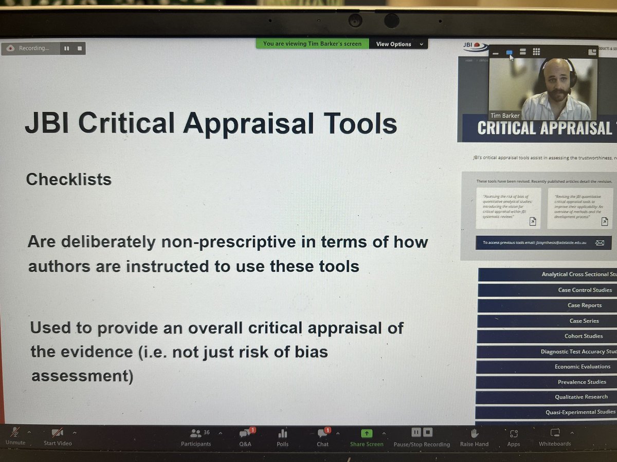 @TimHughBarker on JB’s revised critical appraisal tools, launched for #JBIMethodology Month: @JBIEBHC’s tools are not prescriptive, and are designed to facilitate any approach the systematic review team chooses, making them more adaptable. #JBILIVE