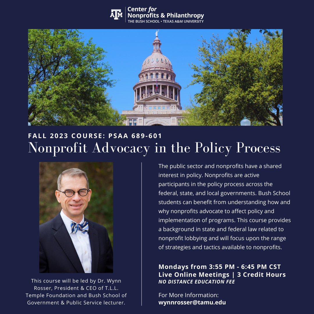 Join Dr. Wynn Rosser this fall to discover the power of #nonprofitadvocacy and how to become a catalyst for change💪🏛️ In this course, Texas A&M graduate students will learn the most effective advocacy strategies and how nonprofits shape policy. Enroll now and let's get started!