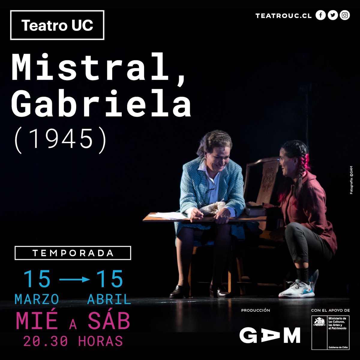centroGAM's tweet photo. #VuelveAVerla🤩 Porque Gabriela se merece escucharla una y mil veces, vuelve #MistralGabriela1945💜 producción GAM esta vez en las tablas de @TeatroUC. @solackington y Valeria Leyton protagonizan esta pieza imperdible.
📆Hasta 15 Abr
Compra de entradas>> https://t.co/fhuEgybSdr https://t.co/ZXEoB2ENVZ