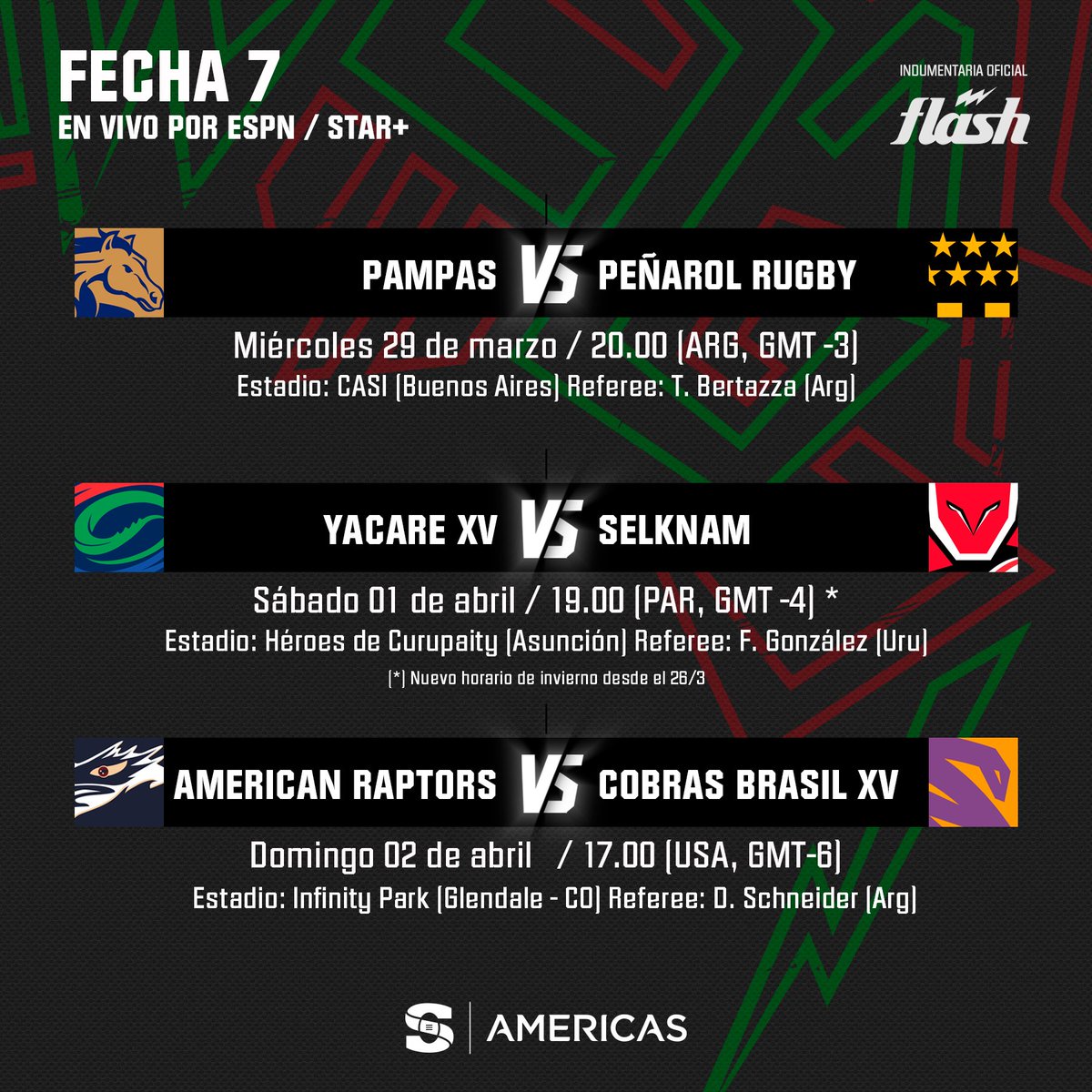 SuperRugbyAM's tweet photo. ¡Así se jugará la fecha 7! 🚨 

📡 Seguí todos los partidos en vivo 👉🏽 ESPN 3 &amp; Star+ 

🤔Para vos... ¿Cuál será el partido de la fecha? https://t.co/WyIOQvXaFw
