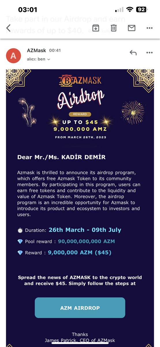 Teslakripto's tweet photo. 🔴Dolandırıcılık uyarısı
#AzMask tarafından bu tarz bir mail alırsanız, cüzdanınızın veya borsa hesaplarınızın açık olduğu bir cihazdan sakın websitesini ziyaret etmeyin. Son günlerde birçok kişi mağdur oldu. Ulaşabildikleri her cüzdanı boşaltıyorlar... https://t.co/LF2ibDXRV3