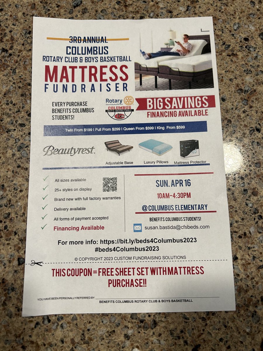 Lance Wiersma (@wiersmalance) on Twitter photo Mattress fundraiser for Columbus Rotary & Boys Basketball April 16th @ Columbus Elementary School.
#Comfy #Sweetdreams <a href="/CbusBasketball/">Columbus Boys Basketball</a> Mattress fundraiser for Columbus Rotary & Boys Basketball April 16th @ Columbus Elementary School.
#Comfy #Sweetdreams <a href="/CbusBasketball/">Columbus Boys Basketball</a>