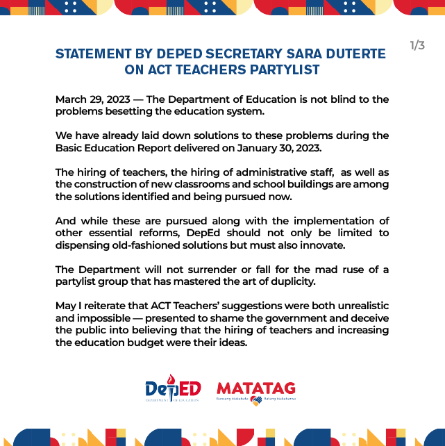 DepEd_PH's tweet photo. Statement by DepEd Secretary Sara Duterte on ACT Teachers Partylist

#MATATAG
#BansangMakabata 
#BatangMakabansa 
#DepEdPhilippines https://t.co/xy4m5yAKkg
