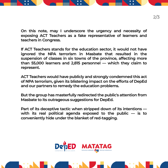 DepEd_PH's tweet photo. Statement by DepEd Secretary Sara Duterte on ACT Teachers Partylist

#MATATAG
#BansangMakabata 
#BatangMakabansa 
#DepEdPhilippines https://t.co/xy4m5yAKkg