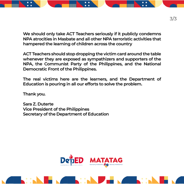 DepEd_PH's tweet photo. Statement by DepEd Secretary Sara Duterte on ACT Teachers Partylist

#MATATAG
#BansangMakabata 
#BatangMakabansa 
#DepEdPhilippines https://t.co/xy4m5yAKkg