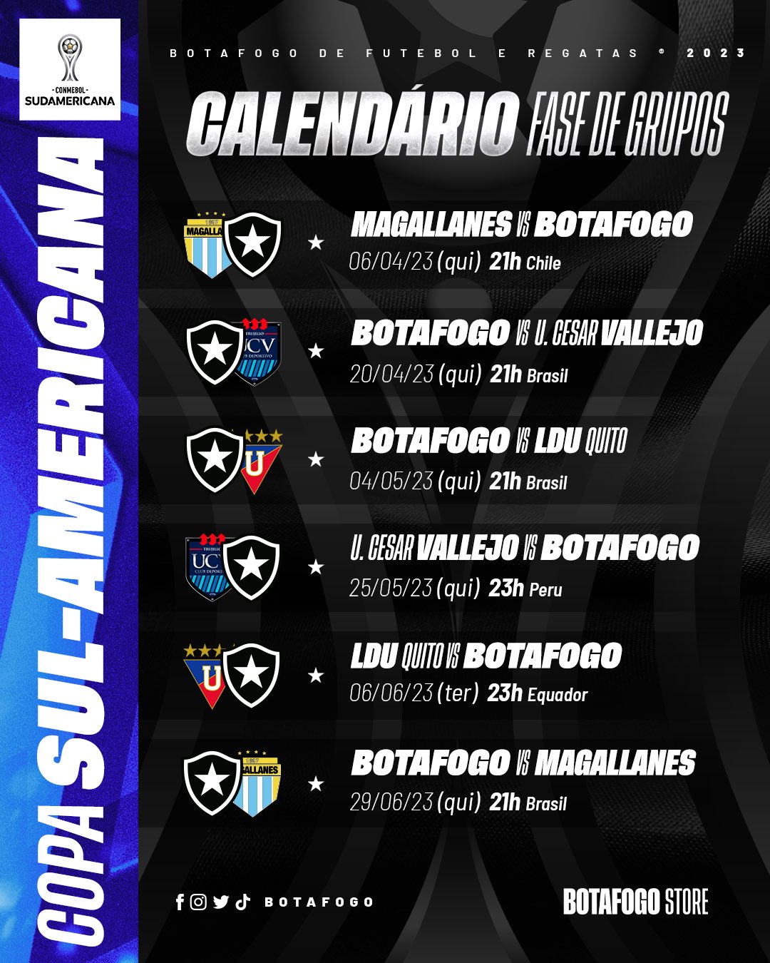 Botafogo F.R. on X: Copa Sul-Americana 2023 🌎⭐️ Jogos da fase de grupos  marcados no calendário alvinegro. 📆☑️ #VamosBOTAFOGO   / X