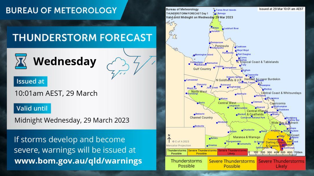 ⛈️ Thunderstorm forecast for  today, 29/3: Severe storms are possible again from this afternoon in the #DarlingDowns &amp; #GraniteBelt, #SouthBurnett &amp; South East Coast, incl #Brisbane &amp; GoldCoast later this evening. Risk of heavy rain &amp; flash flooding, damaging winds &amp; large hail.