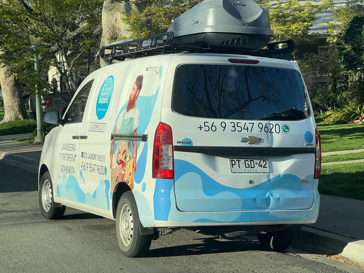 DougDeMuro's tweet photo. Spotted in Sacramento: Latin American-market (and Chinese-built) Chevy N400 with Chile license plates front and rear and advertisements for a Chilean laundry service. What a road trip! https://t.co/uNGaDc8HCr