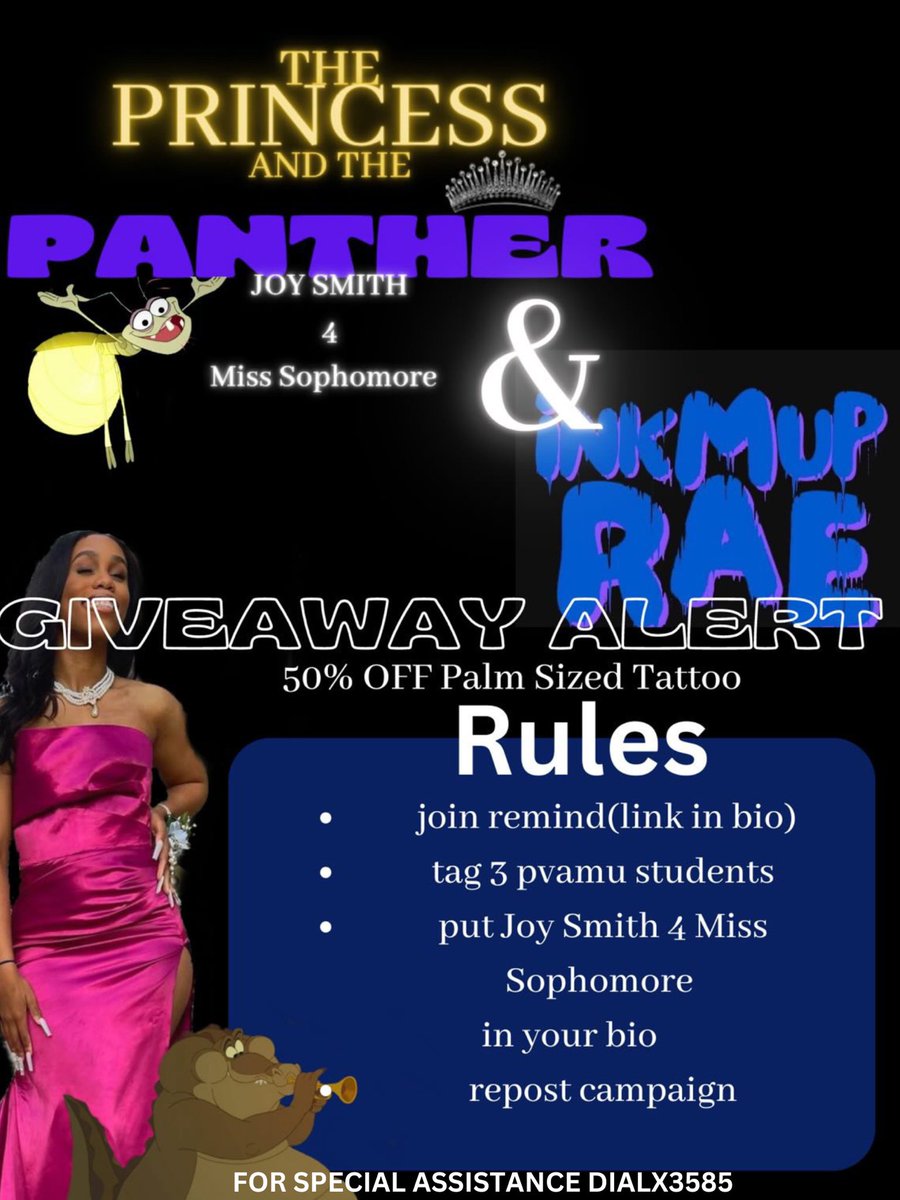 joysmithh30's tweet photo. Hey Panthers!! Itโs giveaway time. We are partnering with the infamous @inkmuprae to give away 50% off a palm sized tattoo!!๐๐all you gotta do is follow the rules๐ธ๐ฝ๐ธ. Go Panthers
#DreamsdoComeTrue #DigaLittleDeeper
#pvamu #pv26 #pv25 #pv24 #pv23 #pvelections https://t.co/0w9LLNvmn0