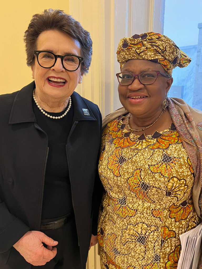 NOIweala's tweet photo. Lovely to connect with huge tennis icon @BillieJeanKing in Congress today! Thanks for all the work you do on making sports more inclusive. Wonderful to see your interest in trade and the @wto! https://t.co/9zR0WhNbA1