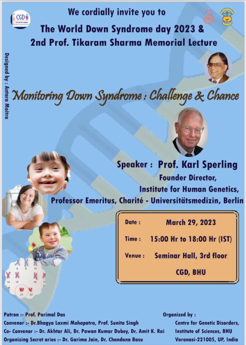 CgdBHU's tweet photo. Today we are observing #worlddownsyndromeday and second Prof. Tikaram Sharma memorial lecture remembering him and his phenomenal work in Cytogenetics. ⁦@DeanScienceBHU⁩ @bhupro https://t.co/MC7BDtmH35
