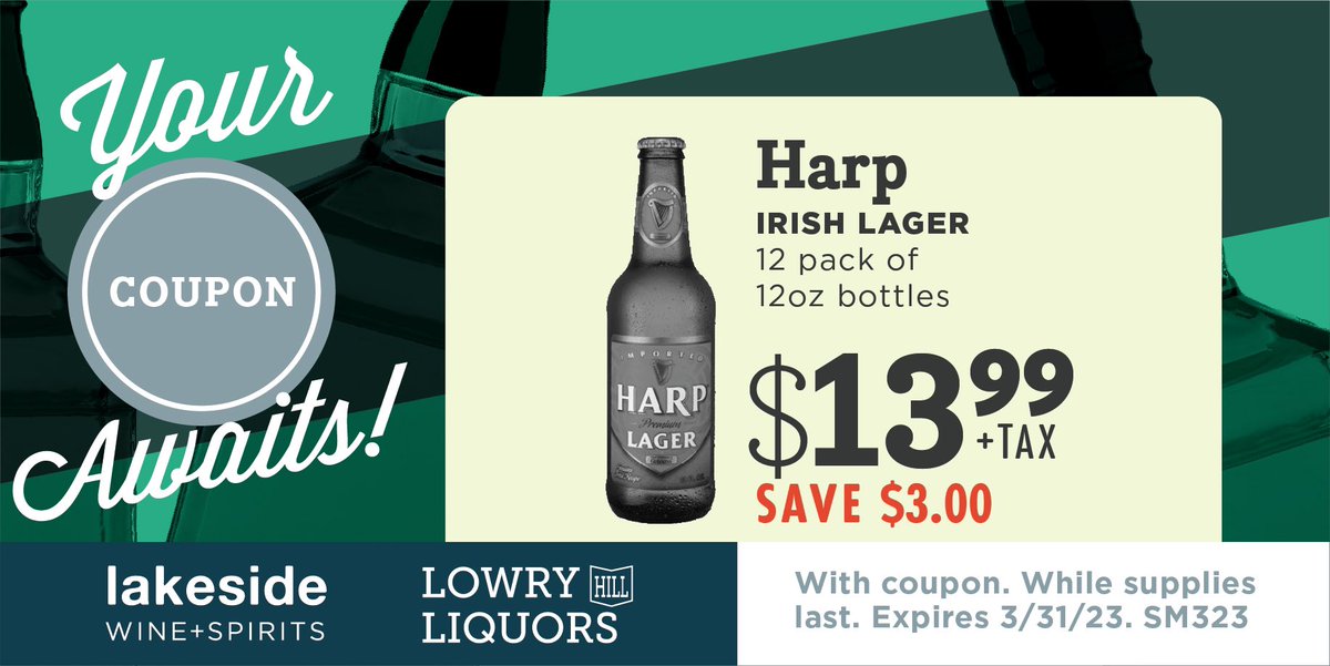Save $3.00 on Harp Lager by @guinnessus 12 packs of Irish Lager 12oz bottles throughout the month of March with this virtual coupon while supplies last! 

#harp #guinness #irishbeer #lager #beer  #luckoftheirish #march #cheers