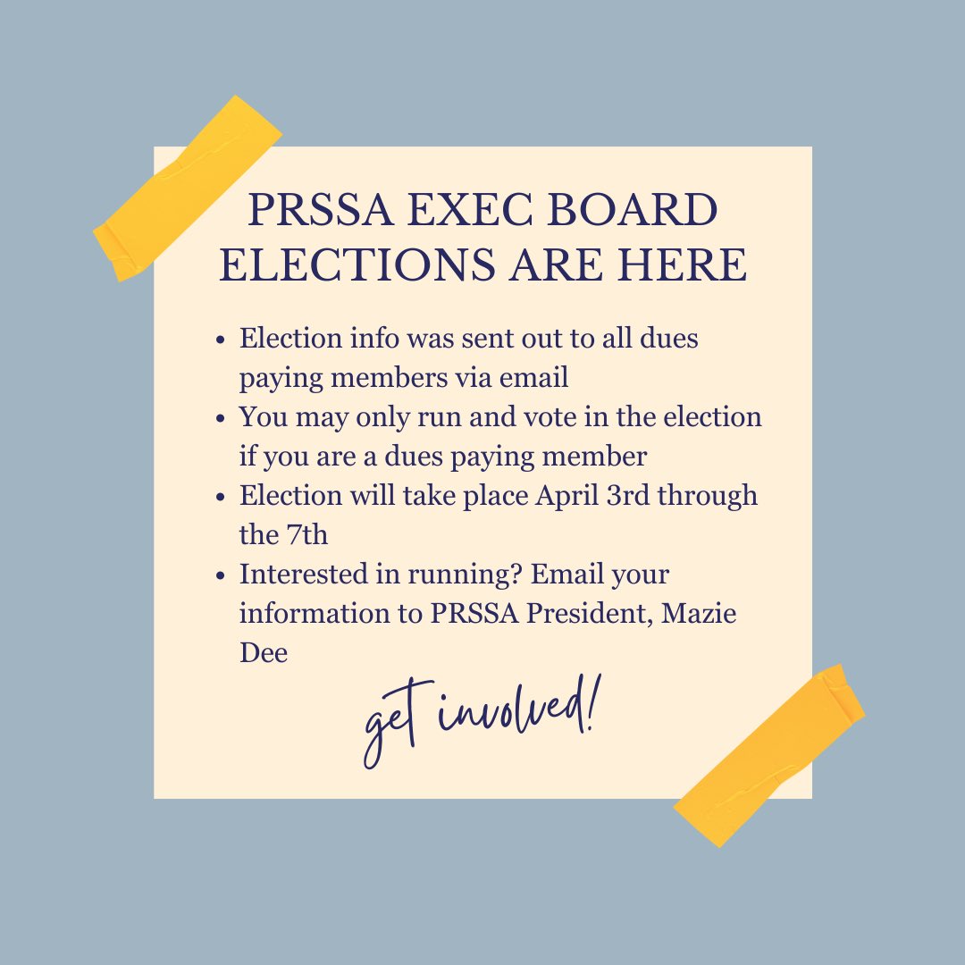 Exec board elections are here! Information is due to Mazie by this Friday at noon. Let us know if you did not receive an email regarding elections and are a dues paying member. #prssa #utkprssa