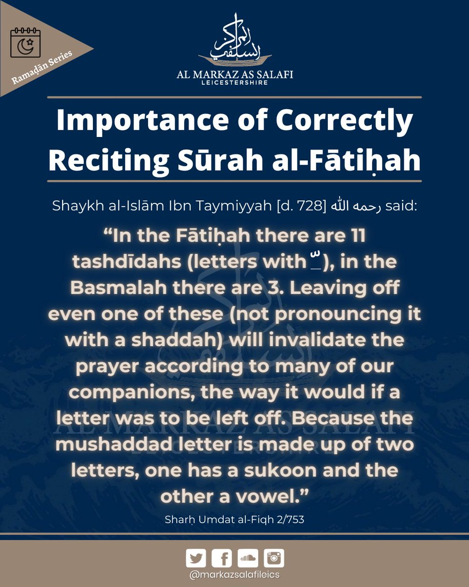 MarkazSalafi's tweet photo. Importance of Correctly Reciting Sūrah al-Fātihah.

👉🏽 We recommend listening to Sheikh Ali al-Hudhaify to learn easy, simple &amp; clear recitation with clean Tajweed. He is recommended by many of the Mashāyikh, the likes of 'Ubayd al-Jābiri, 'Abdullāh al-Bukhāri amongst others). https://t.co/M3IynMDsg9