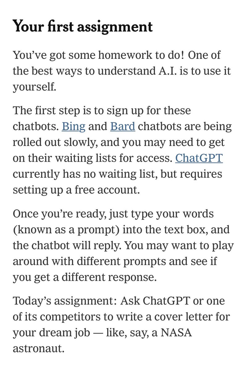 Astro_Buckeye's tweet photo. @nytimes has a series on “How to become an expert on AI.” While I’m pretty astute on AI &amp; neural networks, I thought I would read the articles—until this… I don’t think I’ll test the theory whether ChatGPT’s essay is better than mine for the actual astronaut interview process. https://t.co/SMntqkTauF