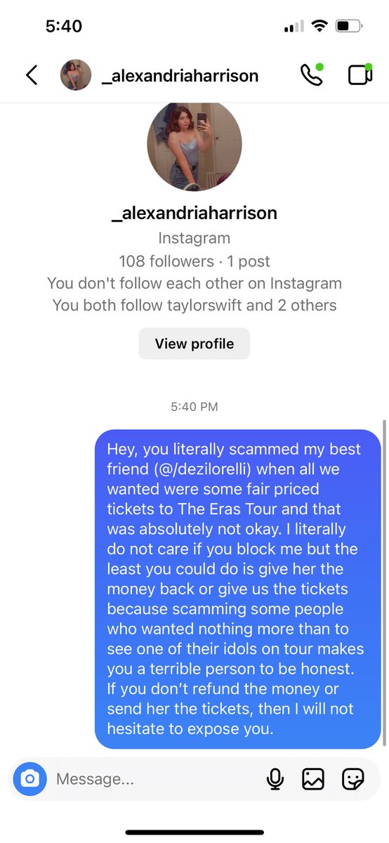 nimahkazi's tweet photo. Hey everyone! Just a BTW this person scammed my best friend when she was trying to get us tickets to The Eras Tour. She showed proof that she had the tickets and we paid her $650 for 2 tickets that we didn’t receive and then proceeded to block my friend… https://t.co/Y3Do5EEmmX