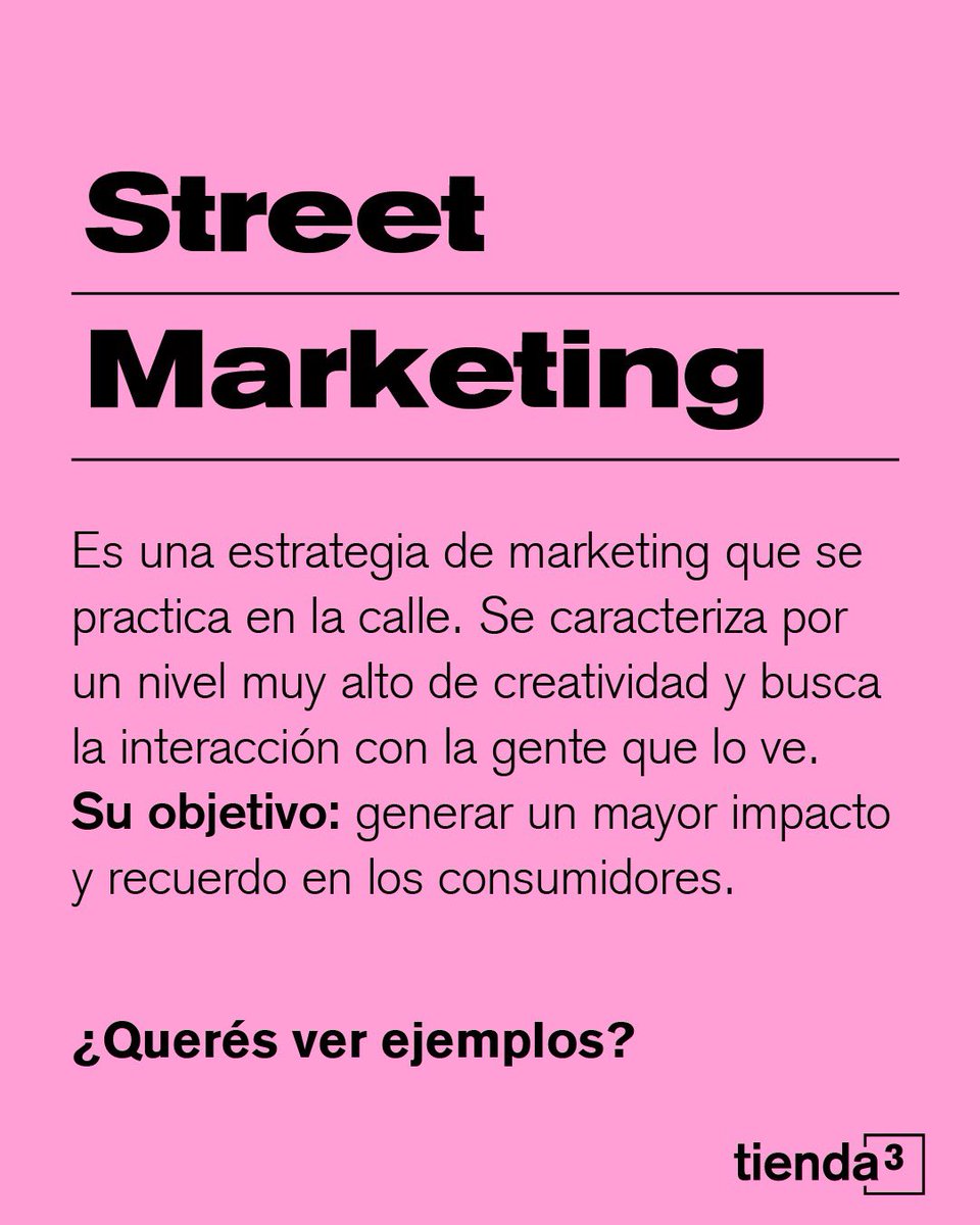 Tienda_3's tweet photo. ���🚦Sabés lo que es el STREET MARKETING? 🗽🗽

🚧🚧 Deslizá para la derecha para conocer este concepto y ver ejemplos copadísimos! 😎😎

#Tienda3 #Marketing #Comunicación #Branding #Marca #RedesSociales #RRSS #BuenosAires #Trelew #Rawson #Madryn #Chubut https://t.co/H0zpzkZo3a