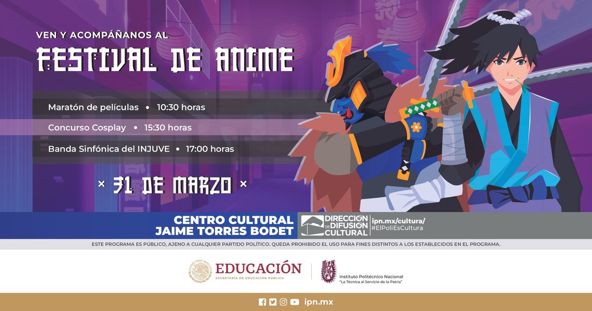 IPN_Cultura's tweet photo. ¡Disfrázate! Ven y acompáñanos al #FestivalDeAnimeDDC: Maratón de Películas (10:30 horas), Concurso Cosplay (15:30 horas) y Banda Sinfónica del @InjuveCDMX (17:00 horas). https://t.co/lAIwSOqv2w…

📅 Viernes 31 de marzo. 📍 #CCJTB. 🎟️ #EntradaLibre.

#ElPoliEsCultura. https://t.co/UOOBWXPbD6