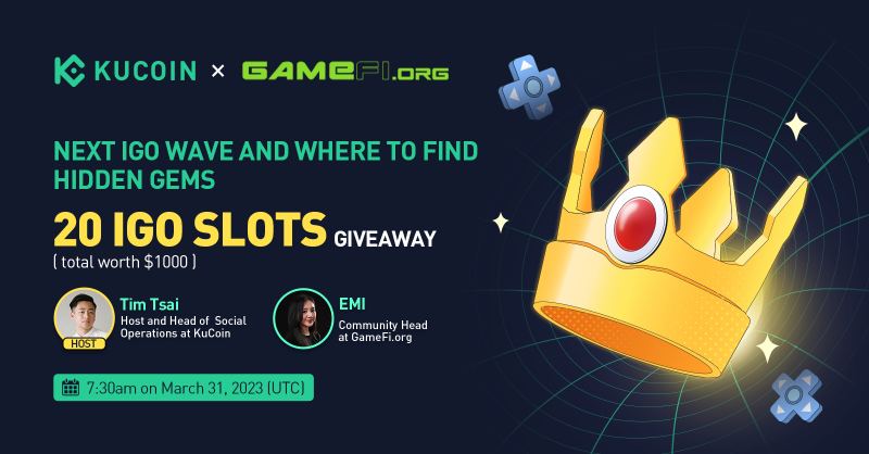 kucoincom's tweet photo. Join our host @timmtsai on our next #KuCoin fireside chat to discuss the next @GameFi_Official IGO wave &amp; where to find hidden Gems!

🎁20 IGO Slots Giveaway (20 winners)
1️⃣ Follow @kucoincom &amp; @GameFi_Official
2️⃣ RT &amp; tag 2 friends
3️⃣ Join space

✅Set a reminder