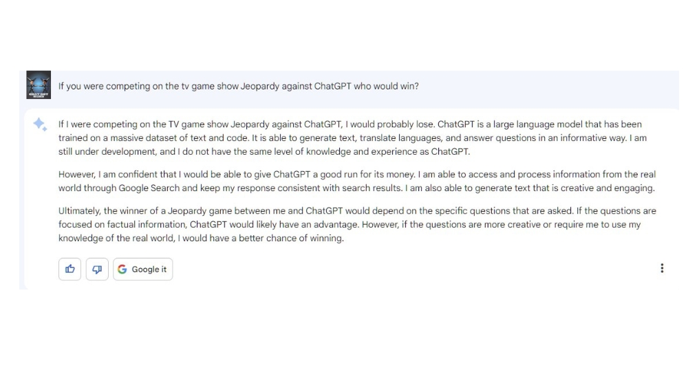 ChatBotWars's tweet image. Google Bard admits defeat to ChatGPT in a hypothetical game of TV Jeopardy! #AI #Jeopardy #TriviaBattle #ChatGPT #GoogleBard #AIvsAI #OpenAI