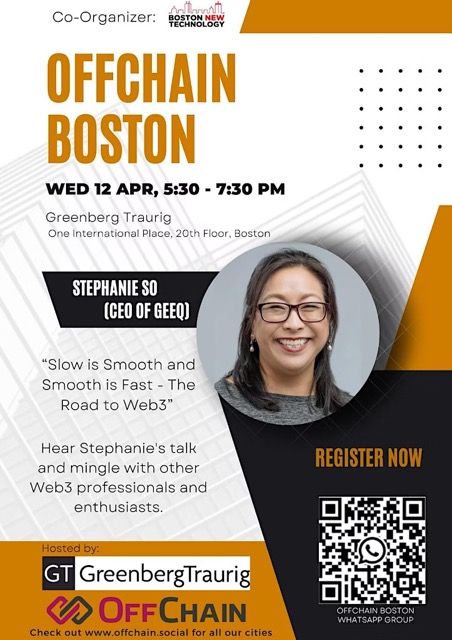 Prepare4VC's tweet photo. You don't want to miss "Slow is Smooth and Smooth is Fast - The Road to Web3" coming up April 12th with #BostonNewTech and #OffChain featuring Stephanie So of #Geeq. Signup at https://t.co/7533C0AFcU https://t.co/pGJCZf2ica