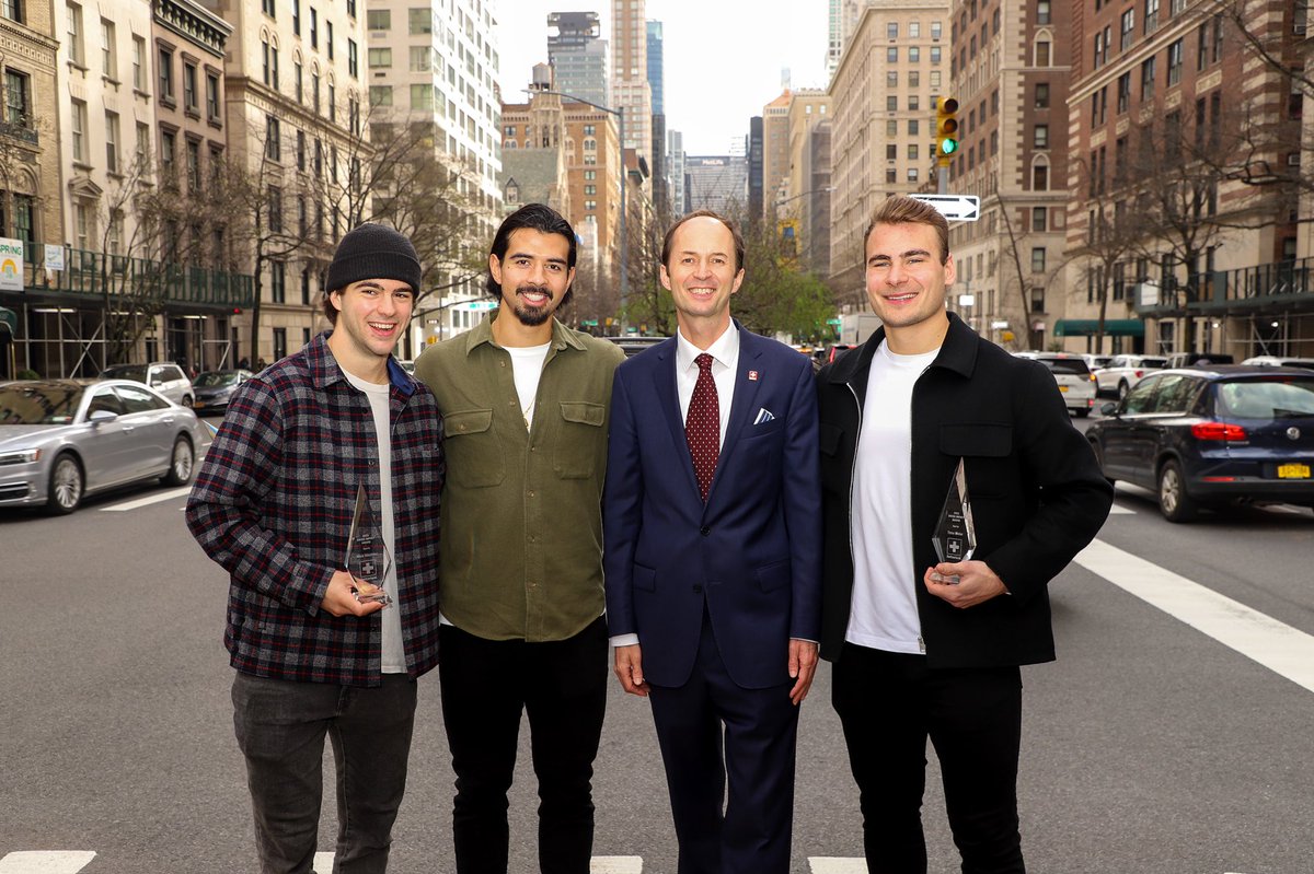 SwissCGNY's tweet photo. Today, our Consul General, Ambassador Niculin Jäger, presented four top🇨🇭@NewJerseyDevils players @nicohischier, @josieg97, @MeierTimo and @SchmidAkira with the #SwissImpactAward for exceptional Swiss accomplishments in the United States.
 
#SwissImpact #NJDevils #HoppSwiss https://t.co/HDTxvWQNhW