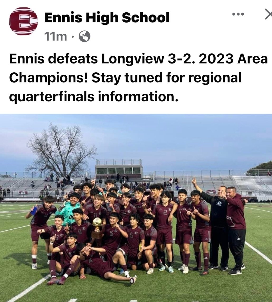 Thank you for all of the amazing support. Area Champions on our way home!!!! <a href="/ennis_high/">Ennis High School</a> @EnnisFootball <a href="/EnnisISD/">Ennis ISD</a> <a href="/SportsDayHS/">SportsDayHS</a> @LethalSoccer