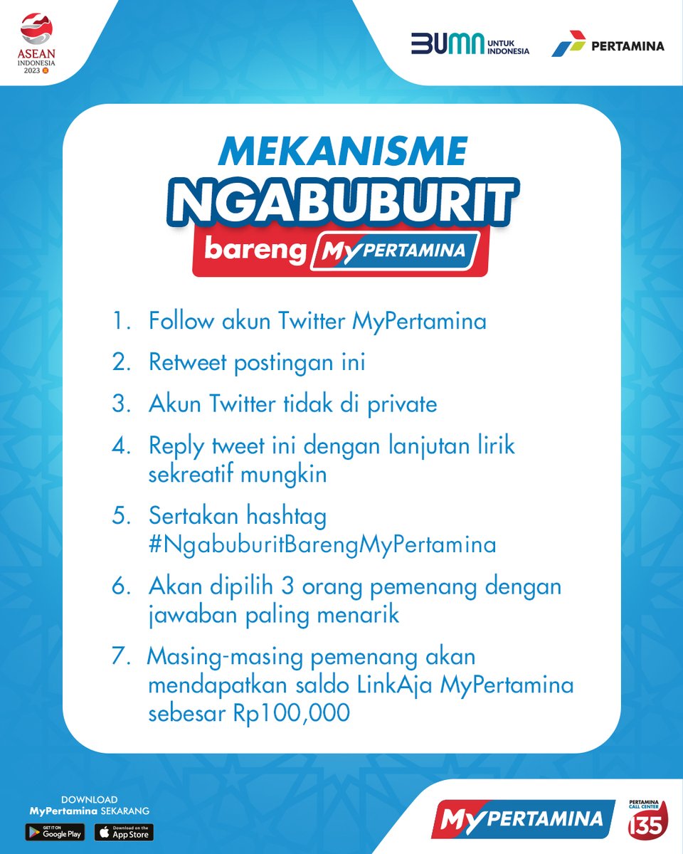 Sambil nunggu waktu berbuka mending ikutan games berhadiah yuk, Sob!

Sambung lirik lagu ini sekreatif mungkin dari lagu di atas. Karena 3 pemenang beruntung akan mendapatkan saldo LinkAja MyPertamina total RATUSAN Ribu Rupiah loh, Sob!