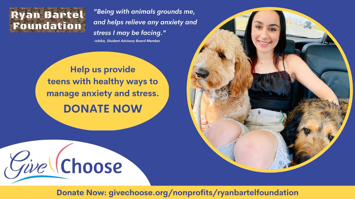 Ryan Bartel Foundation’s FORT brings calming companionship of dogs to teens. Please donate today to help provide programs like the FORT so  teens can build coping skills and de-stress. givechoose.org/nonprofits/rya…
-$300 provides activities at one FORT
#givechoose #givechoose2023