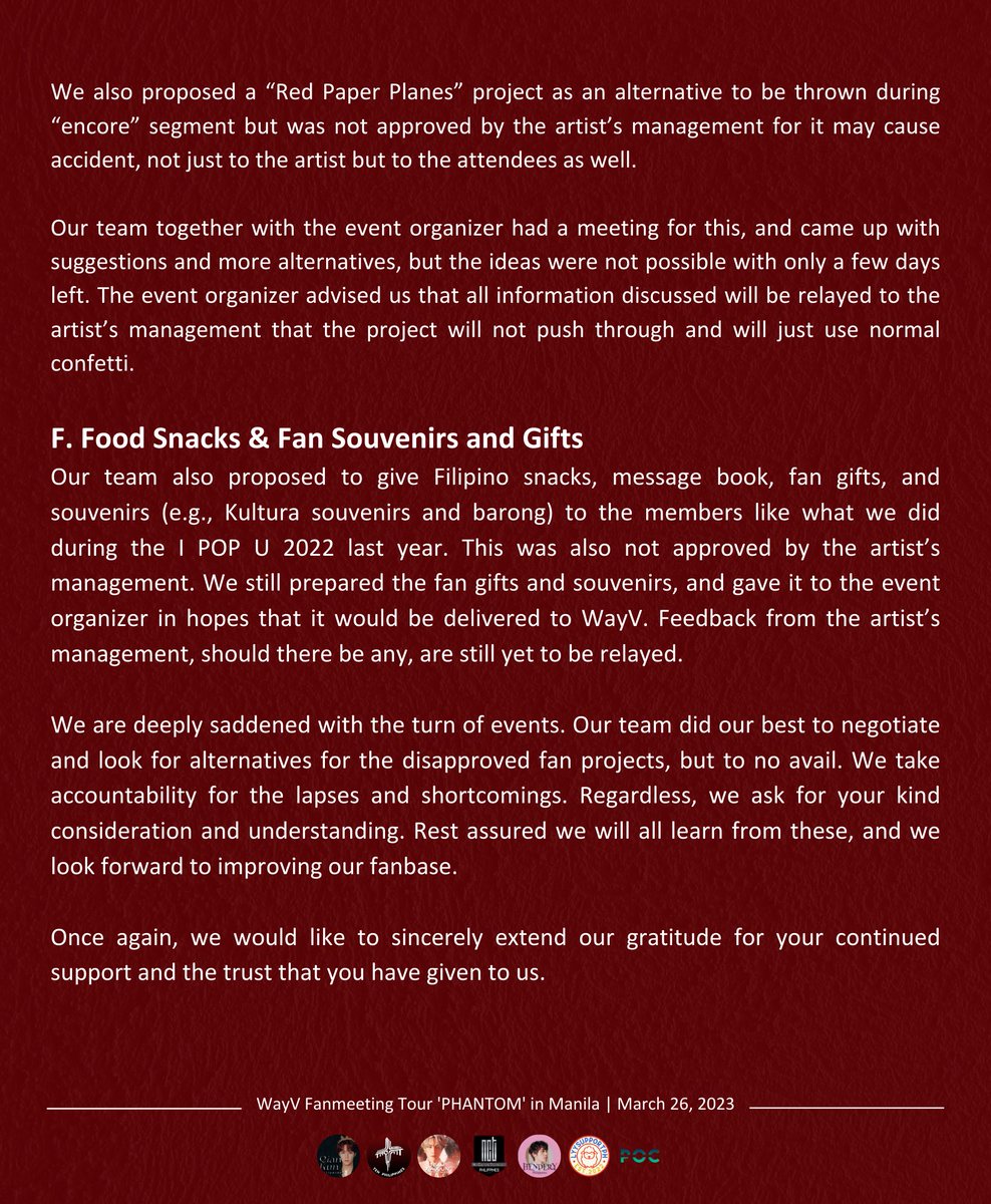 [📢] Disclosure Statement on ‘WayV Fanmeeting Tour Phantom in Manila’ Fan Projects