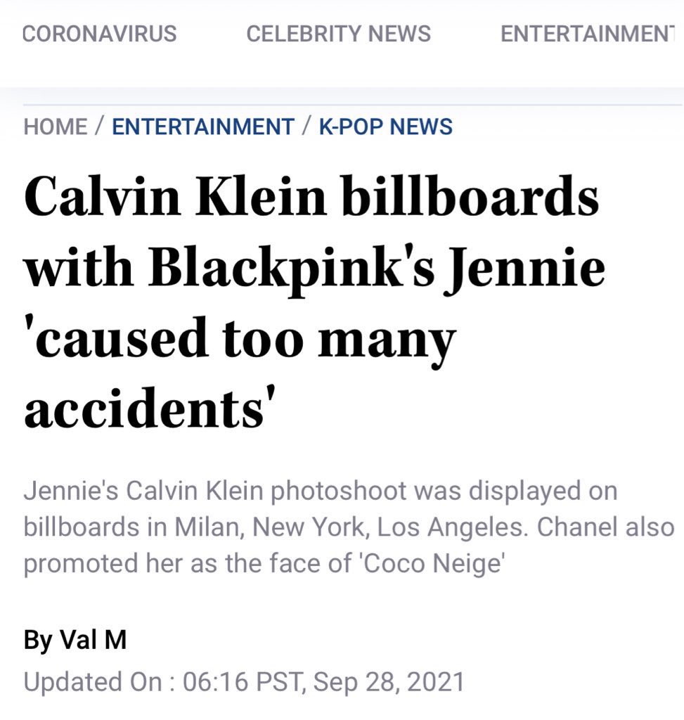 jenniekimcl's tweet photo. “Calvin Klein billboards with Blackpink's Jennie 'caused too many accidents'” 🥴😂 https://t.co/SBMOaniifG