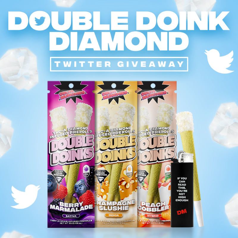 DeltaMunchies's tweet photo. massive diamond giveaway 💎
Win 1 of 10 "Let's Blow This Joint" bundles which includes all 3 Double Doink diamond-infused prerolls and a DM lighter.

1. Follow @DeltaMunchies
2. Like and quote tweet this post with your favorite emoji

Winners will be announced on Monday, 4/3 https://t.co/SUZspxsDYR