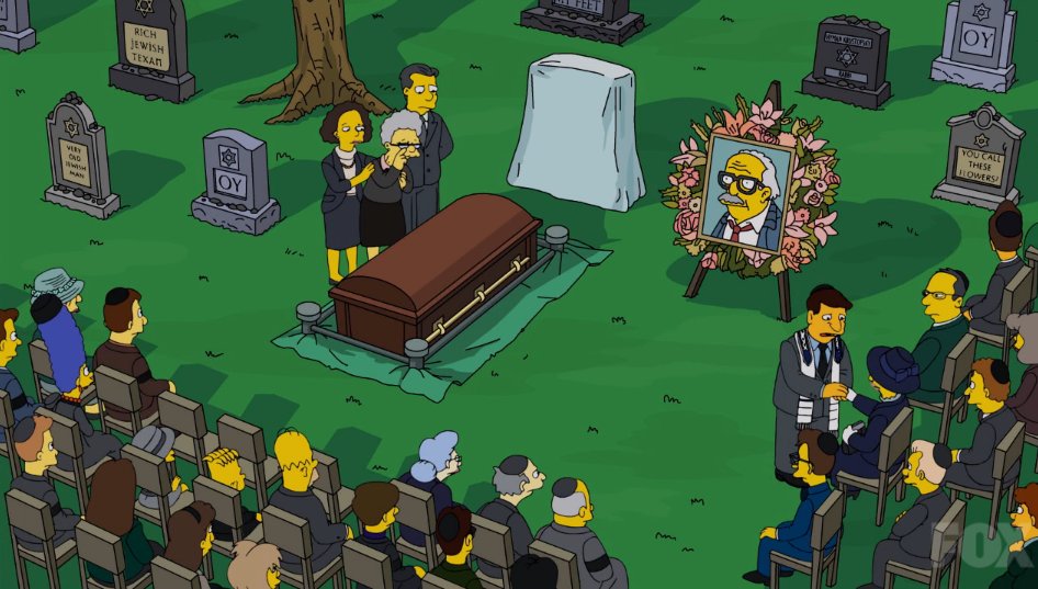 CountTheHomer's tweet photo. A 2016 #TheSimpsons episode included a #Jewish funeral scene. In the background are graves inscribed, "OY," "At least I'm off my feet," "You call these flowers?" and "Rich Jewish Texan"). During the funeral, rocks left by mourners on top of the Rabbi's grave are used in a fight. https://t.co/MVtYxhGbhU