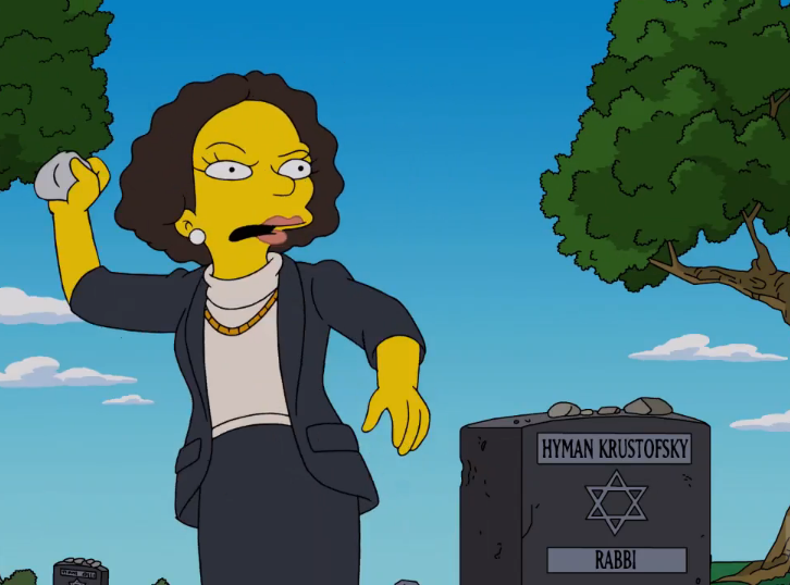 CountTheHomer's tweet photo. A 2016 #TheSimpsons episode included a #Jewish funeral scene. In the background are graves inscribed, "OY," "At least I'm off my feet," "You call these flowers?" and "Rich Jewish Texan"). During the funeral, rocks left by mourners on top of the Rabbi's grave are used in a fight. https://t.co/MVtYxhGbhU