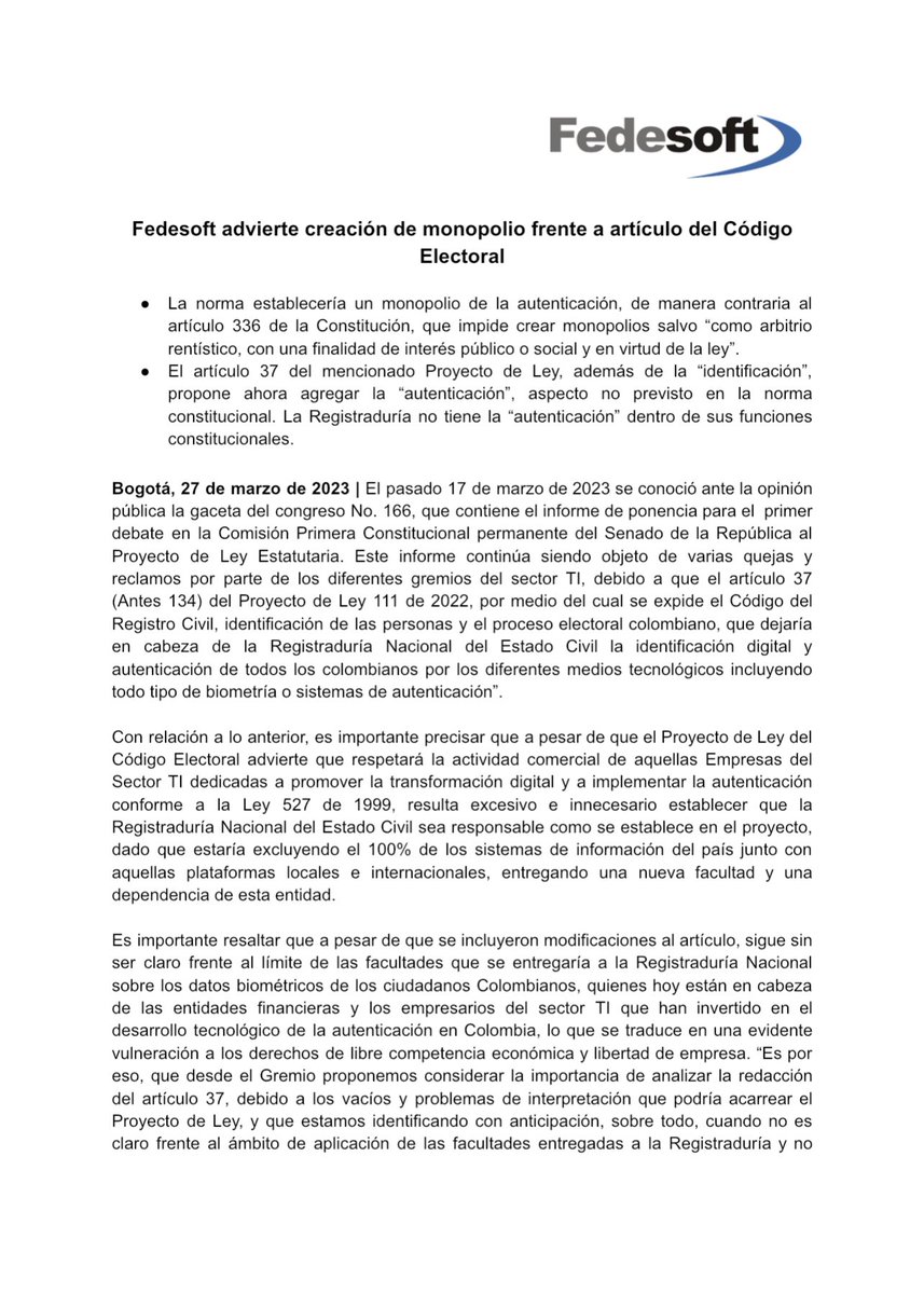 XimenaDuqueA's tweet photo. Mañana la @PrimeraSenado continuará con el debate de la Reforma al Código Electoral.
El Art 37 de ser aprobado crearía un Monopolio en manos de la @Registraduria en materia de identidad y autenticación digital, además de no contemplar la Ley de Habeas Data. https://t.co/C9UTWkdseZ
