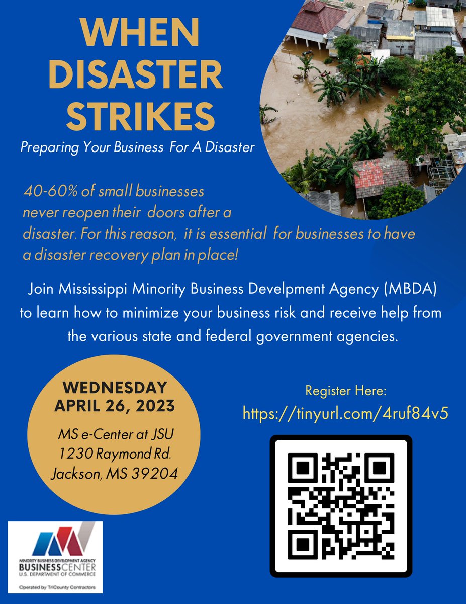 MississippiMBDA's tweet photo. Visit us at https://t.co/iFUu8ibna3 to learn how we can help prepare you and your business for a disaster.
#smallbusiness #smallbusinessresources #entrepreneurship
@AvemSystems @oysllc @USMBDA https://t.co/63Ix077H64