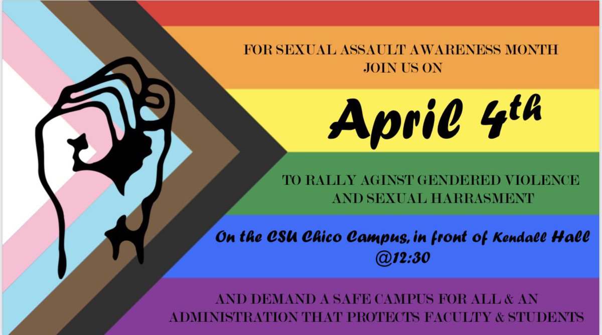 ChicoSexProf's tweet photo. Yo, @ChicoState friends! Join the CFA Chico Chapter along with our pals in @csuchicosqe to raise some noise about #SexualViolence at Chico! April is Sexual Assault Awareness Month &amp; 4/4 is a day of action! Join us to demand better from our community! #ConsentRequired #YesMeansYes https://t.co/YRFCT1SO85