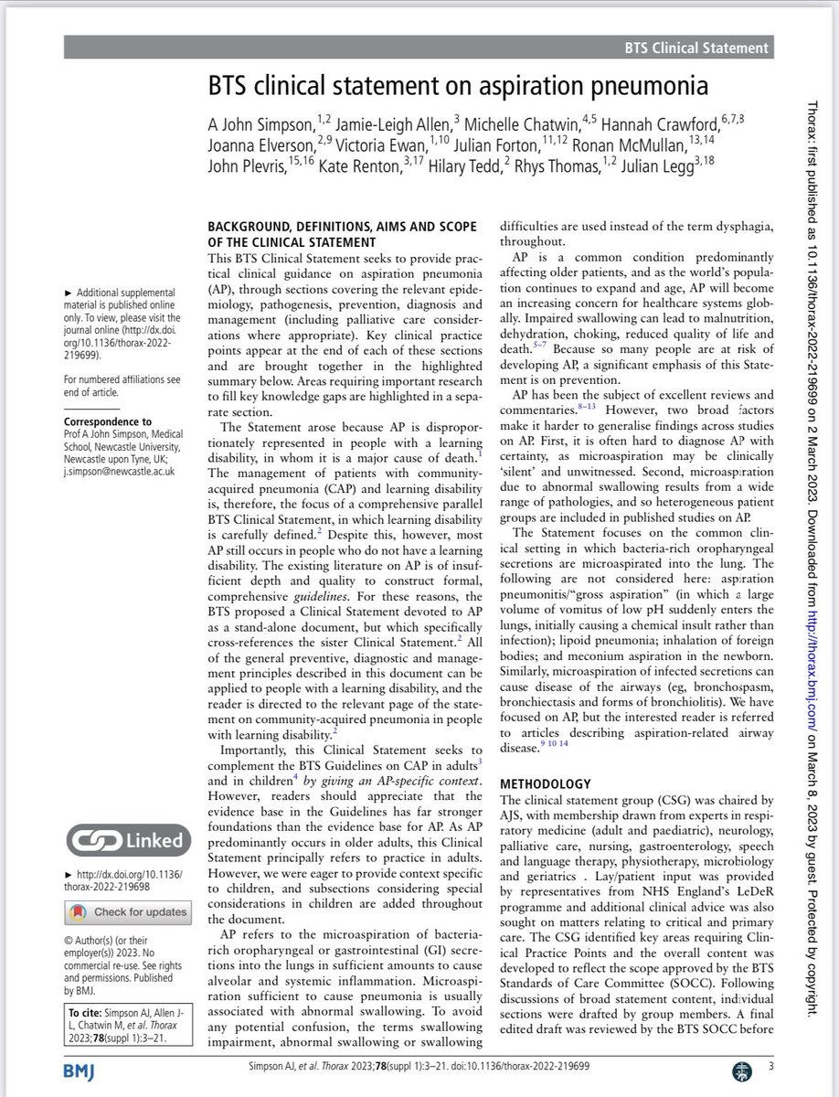 RafaelReyes_MD's tweet photo. Neumonía por aspiración: Una revisión. 
▪️Prevención
▪️Fisiopatología
▪️Diagnóstico 
▪️Tratamiento

Muy útil en los paciente de áreas críticas (Urgencias, UCI, Medicina Interna Etc) 

Simpson AJ, Allen J- L, Chatwin M, et al. Thorax 2023;78(suppl 1):3–21. https://t.co/sMo8bbGwwN
