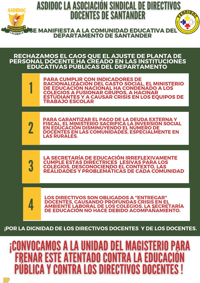 Hay que replantear el ajuste de planta de personal docente. Desconoce los PEI, el contexto y las problemáticas particulares de cada colegio. <a href="/fecode/">fecode</a> <a href="/GobdeSantander/">Gobernación de Santander</a> <a href="/SindicatoSES/">Sindicato SES</a> <a href="/cutcolombia/">Central Unitaria de Trabajadores</a> <a href="/Mineducacion/">MinEducación</a> <a href="/asdidca/">ASDIDCA</a> <a href="/asindicor2/">asindicor</a> <a href="/asddetol/">ASDDETOL</a> <a href="/ASODIB_BOYACA/">ASODIB</a>