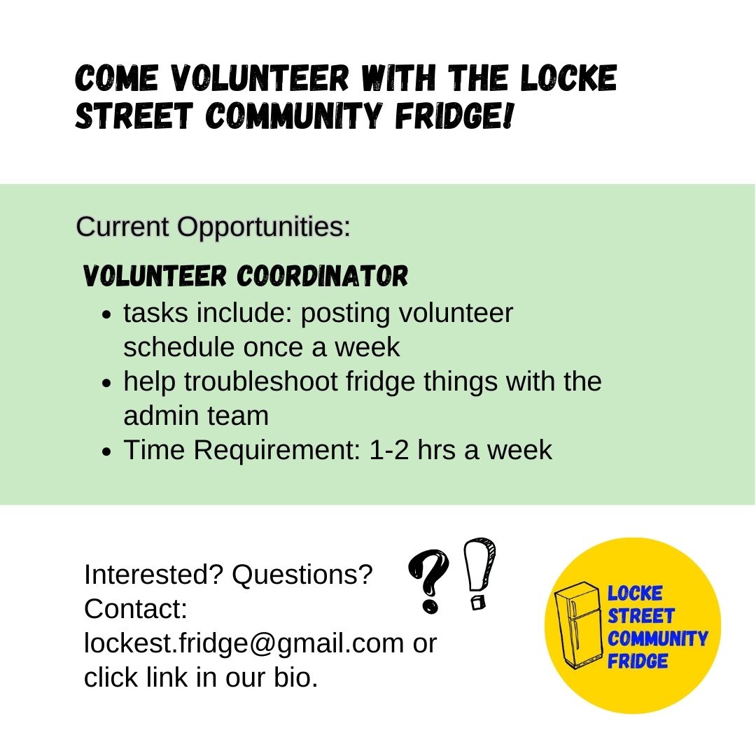 Hey Neighbours ✋🏼✋🏼✋🏼 We have some volunteer roles available at the <a href="/LockeStFridge/">Locke Street Community Fridge</a>. If you're interested in any of these roles or want to help out in other ways, please be in touch or fill out the volunteer form here: linktr.ee/locke.street.f…