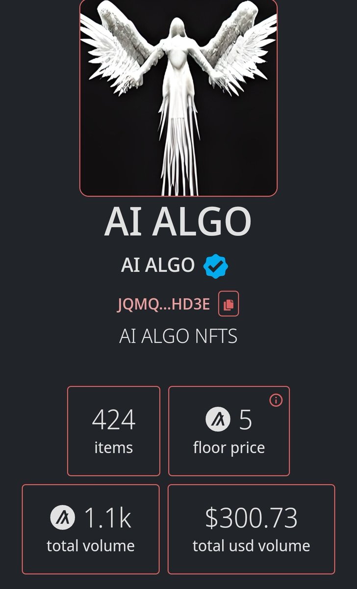 aialgonft's tweet photo. We have have finally hit over 1000 $Algo in volume on our AI Algo NFT project! With 424 #NFTs minted there are tons to choose from 😀 #LFG #algorand #algofam #AlgorandNFTs #AlgorandDefi #algohicks #ALGO #algotrading #algo #NFTCommunity #NFTsales
https://t.co/z3hjXXKKuf https://t.co/EikdDjUXPb